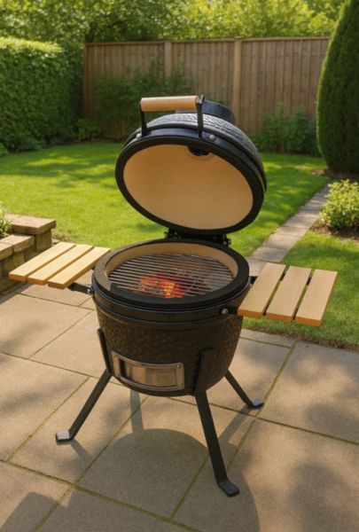 Black Ceramic Kamado 2-in-1 Smoker with Charcoal Grill 56 cm