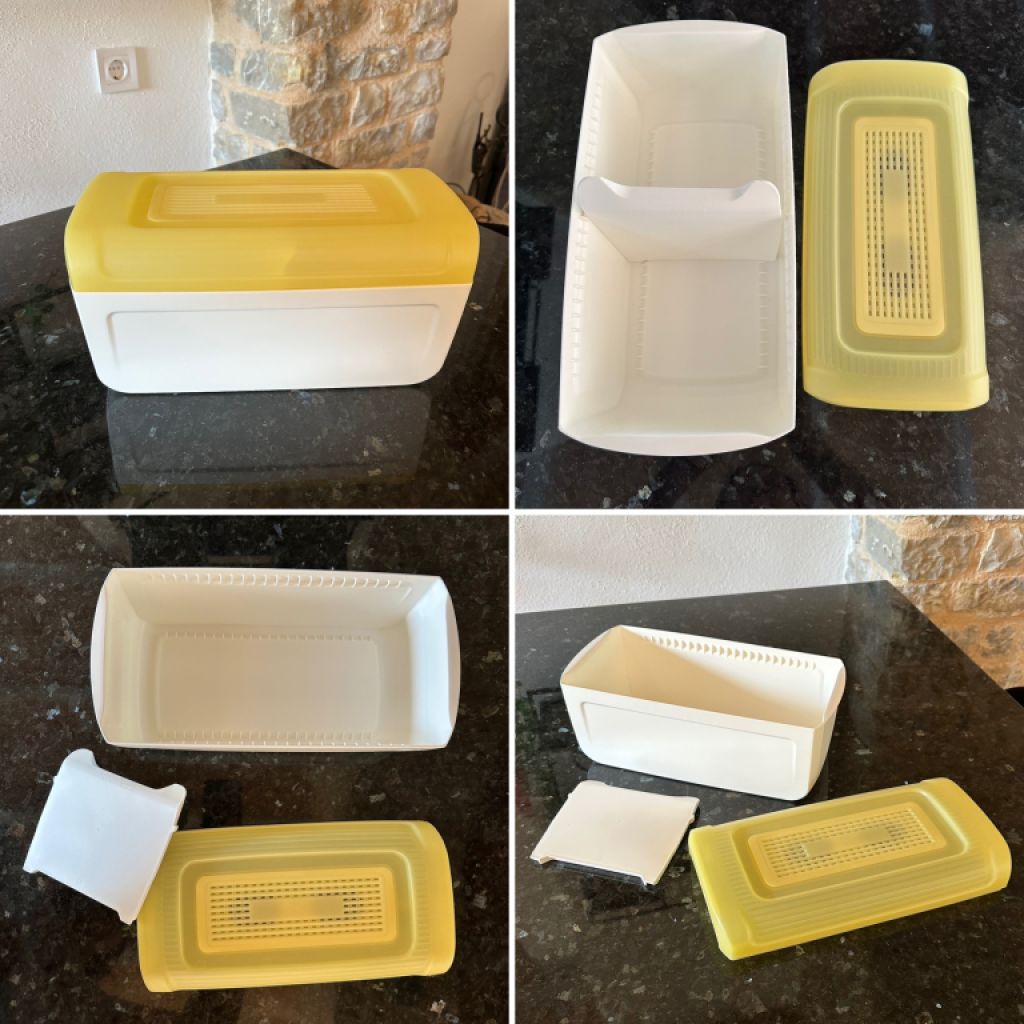 Unused, Tupperware Brotmax Junior bread container in yellow-white.