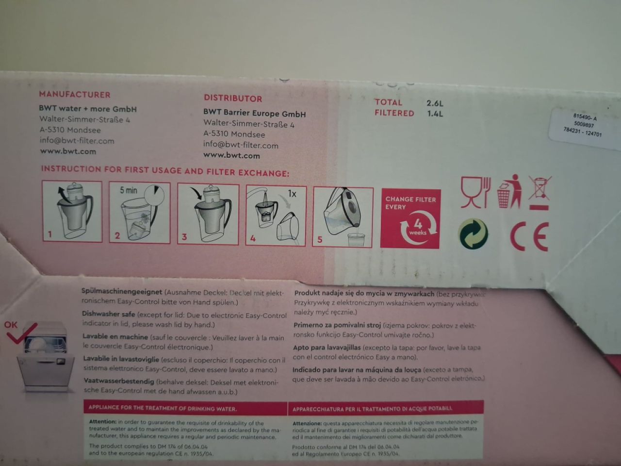 Wasserfilter weiß N E U, 2,6 Liter , Filter 1,4 Liter